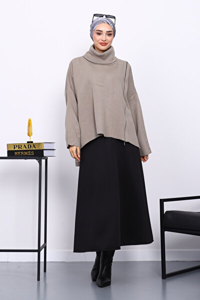 İmajButik Light Khaki Turtleneck Zippered Knit Sweater