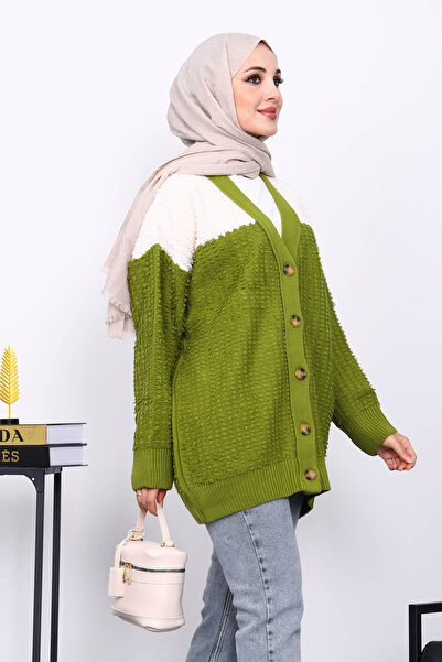 İmajButik Green V-Neck Buttoned Knitwear Cardigan