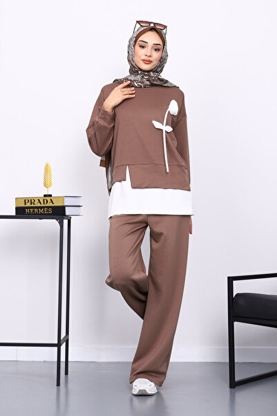İmajButik Mink Crew Neck Rose Detailed Tunic Modal Set with Trousers