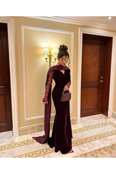 hind fashion Burgundy wool evening dress with a long shawl