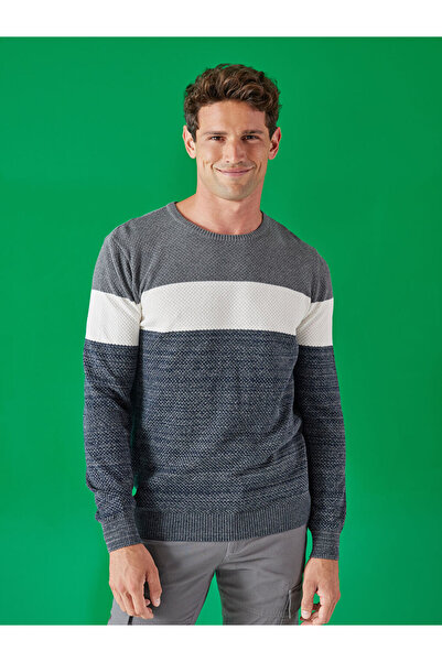 LC Waikiki Khaki Crew Neck Long Sleeve Color Block Men's Knitwear Sweater