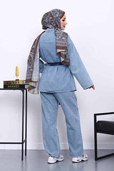 İmajButik Σετ τζιν με ανοιχτό μπλε παντελόνι με ζώνη στη μέση