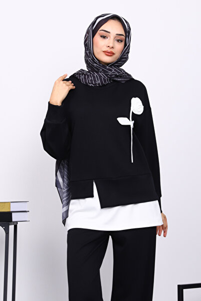 İmajButik Black Crew Neck Rose Detailed Tunic Modal Set with Trousers