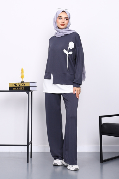 İmajButik Smoked Crew Neck Rose Detailed Tunic Modal Set with Trousers