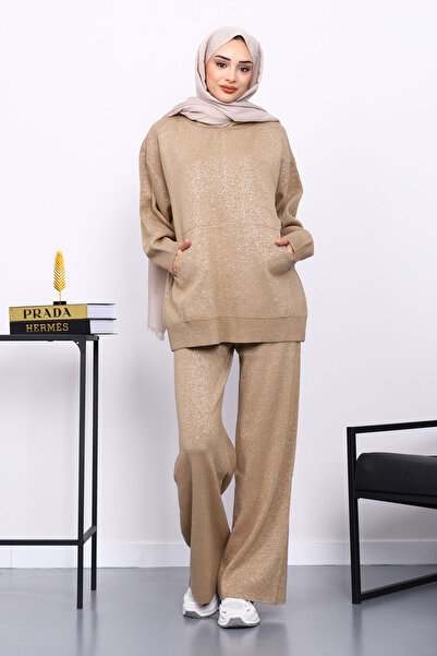İmajButik Mink Hooded Kangaroo Pocket Trouser Knitwear Set