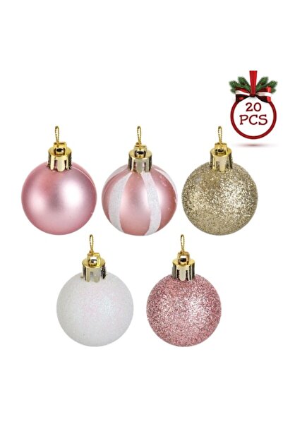 OEM Set globuri de Crăciun roz, alb și șampanie, sclipici ø4cm - 20 buc