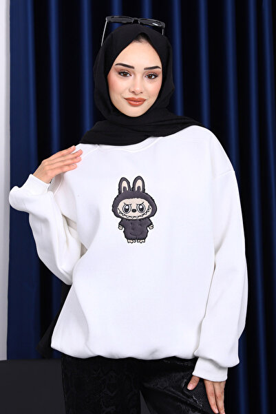 İmajButik Εκρού πουλόβερ με λαιμόκοψη τριών κλωστών