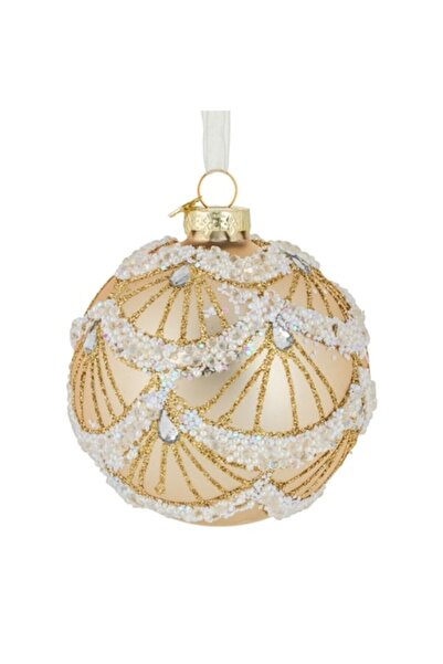 OEM Ornament de Crăciun - glob de sticlă mat bej/șampanie cu mărgele Ø8cm