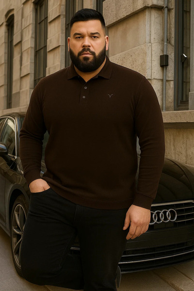 Maccali Ανδρικό πουλόβερ με γιακά πόλο σε μεγάλο μέγεθος, χειμερινό, χαλαρό, σε σκούρο καφέ χρώμα