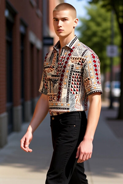 PayBuy Men's Summer Ethnic Patterned Apache Collar Regular Fit Short Sleeve Viscose Shirt Casual Elegance Stylish