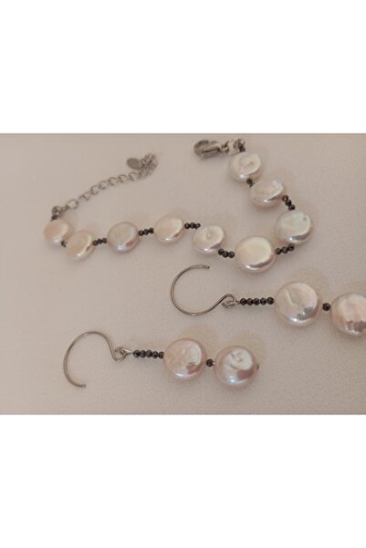 OEM Set of flat white pearls 10mm with black cubic zirconia