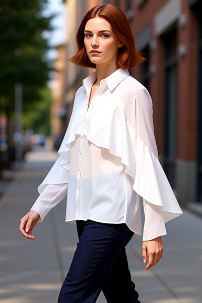 PayBuy Women's Flounced Long Sleeve Oversized Cut Woven Shirt Offers Elegance and Comfort in Any Setting Stylish