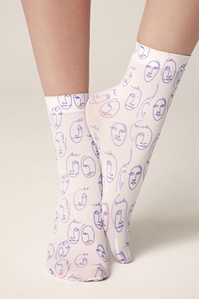 Conte Elegant Șosete amuzante din poliamidă, cu imprimeu cu fețe, Conte Fantasy 763 - Imprimeu, 36-39 (23-25)
