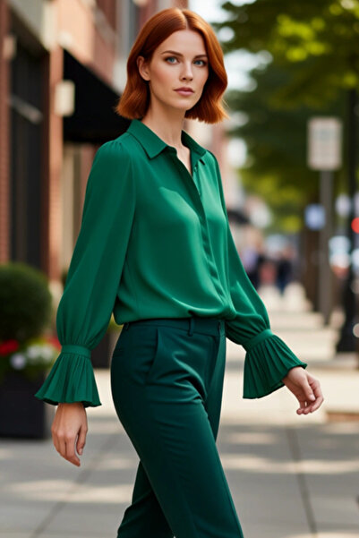 PayBuy Women's Regular Fit Plain Pattern Long Spanish Sleeve Woven Shirt Business and Casual Reflecting Modernity