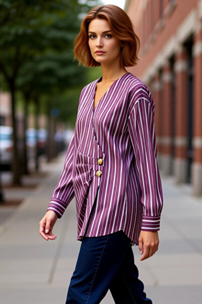 PayBuy Women's Striped V-Neck Draped Woven Shirt Functional Durable Quality Comfortable Aesthetic