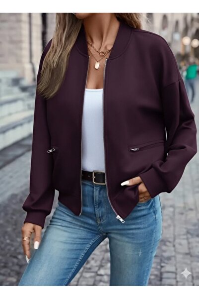buğrahayalin Women's Long Sleeve Front Zipper Pocket Modal Plum Jacket