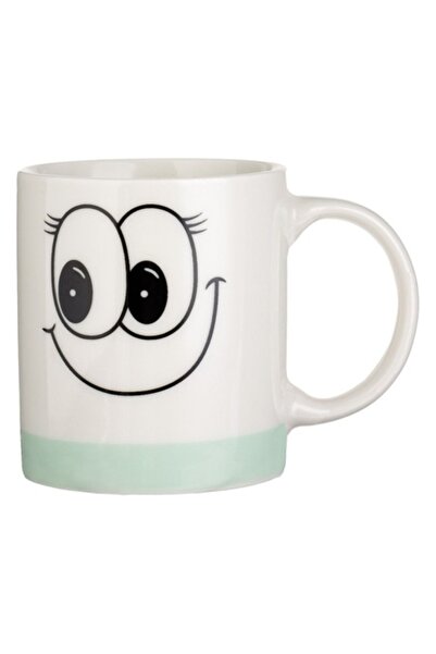OEM Cană ceramică albă cu bază roz sau verde mentă și față zâmbitoare, 315 ml