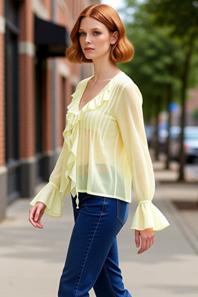 PayBuy Women's Ruffle Detail Chiffon Blouse Long Sleeve Relaxed Fit Spring Autumn Combinations Modern