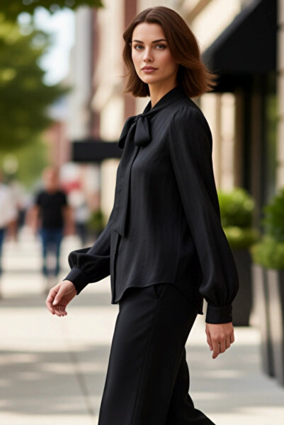 PayBuy Kadın Fular Detaylı Boyundan Bağlamalı Yaka Regular Kalıp Uzun Balon Kol Dokuma Gömlek Şık Ve