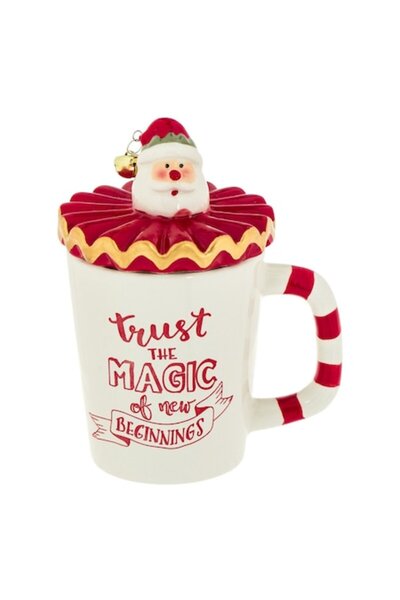 OEM Cană ceramică albă de Crăciun cu capac și clopoțel de Moș Crăciun, 380 ml