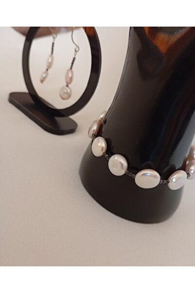 OEM Set of flat white pearls 10mm with black cubic zirconia