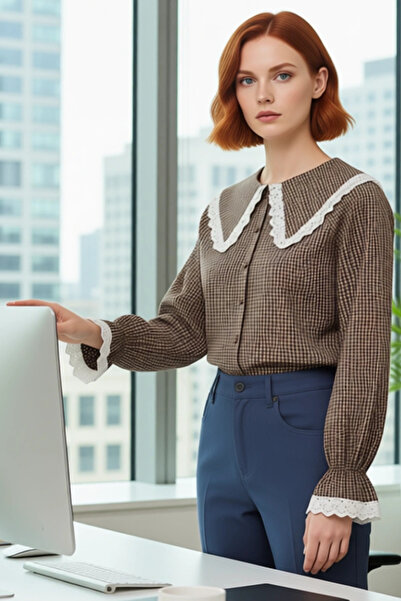 PayBuy Women's Gingham Peter Pan collar Lace Detailed Raglan Sleeve Crop Shirt Casual Elegance Functional