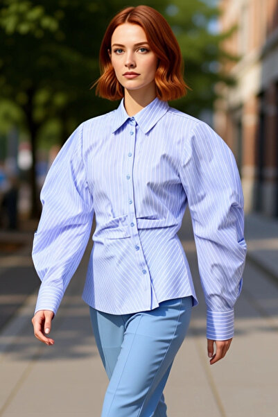 PayBuy Kadın Çizgili Balon Kol Asimetrik Kesim Dokuma Gömlek Modern Görünümle...