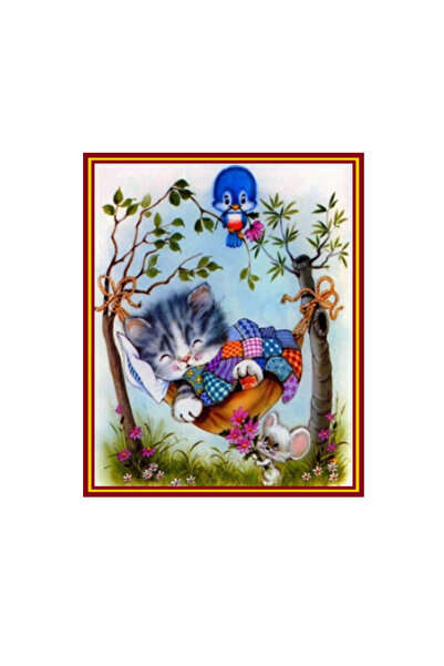 MATTELOT TOYS Set Painting with wooden frame and accessories, 5D Stone Gobelin, Kitten in a hammock, 20 x 30 cm