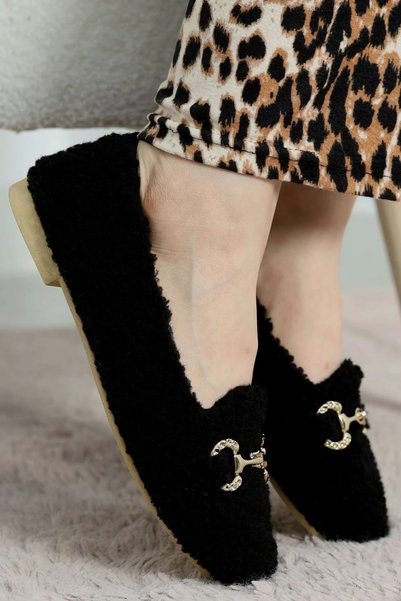 AYAKCİTY Women's Gold Buckle Winter Ballerina Shoes for Home and Outdoor Use