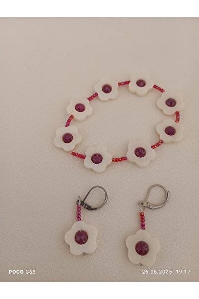 OEM Bracelet and Earrings Set — White Mother-of-Pearl with 6mm Ruby Beads