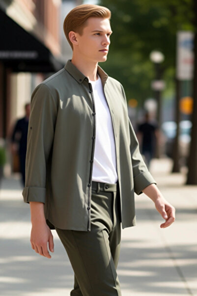 PayBuy Men's Linen Look Buttoned Collar Epaulette Detailed Slim Fit Long Sleeve Summer Cotton Shirt