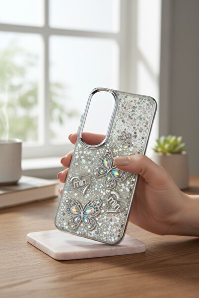 Genel Markalar Oppo A60 Airbag Tasarımlı Kelebek ve Kalp Kabartmalı Simli Taş...