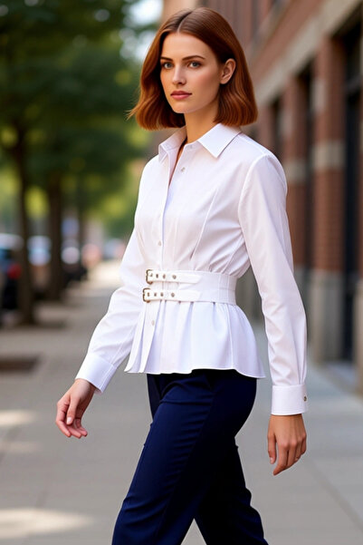 PayBuy Women's Belt Detailed Pleated Long Sleeve Shirt with Fitted Waist Offers Modern Elegance and All-Day Comfort