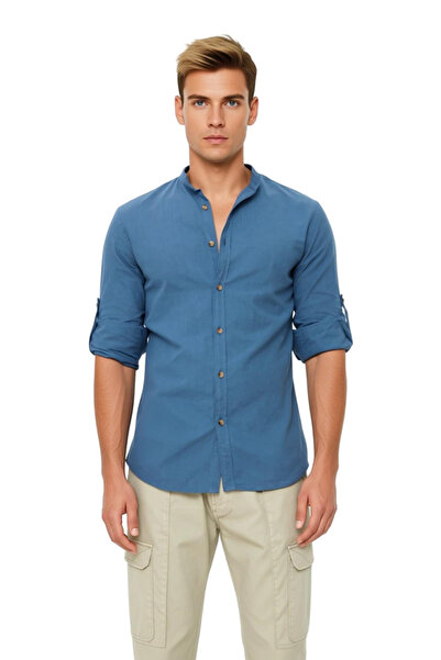 PayBuy Men's Slim Fit Judge Collar Plain Pattern Long Sleeve Cotton Linen Look Stylish Casual Shirt Sports