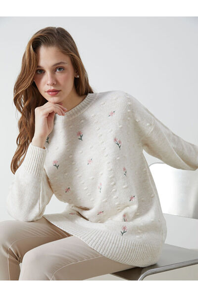 LC Waikiki Crew Neck Floral Embroidered Women's Knitwear Tunic