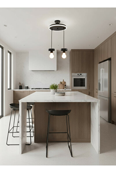 Eyzhen Salon/Oturma Odası /Mutfak/Hol Beyaz Neon Ledli Siyah Metal 2'li Sarkıt Avize