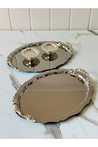 Melinda Lunea 2-Piece Silver Handled Oval Coffee and Promise Tray - Ring Holder Set (20X25Cm)