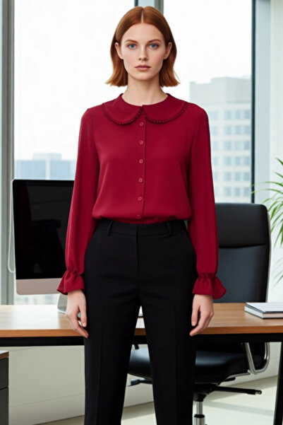 PayBuy Women's Peter Pan collar Pompom Detailed Woven Shirt Is a Must-Have in Your Wardrobe with Its Timeless Design