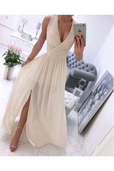 JANES    Women Chiffon Fabric V Neck Zero Sleeve Maxi Length Dress