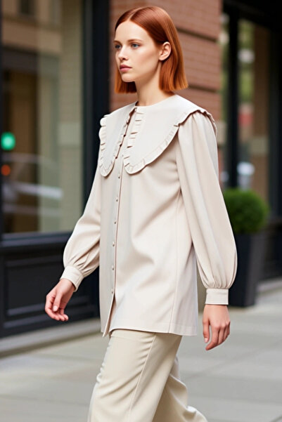 PayBuy Cămașă tunică cu țesătură simplă, detaliată, pentru femei, guler tip Peter Pan Casual Elegance și oferă confort funcțional