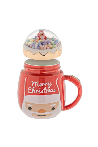 OEM Christmas Ceramic Mug Set, Santa Claus Design, Red, Dome Lid, 450ml Capacity