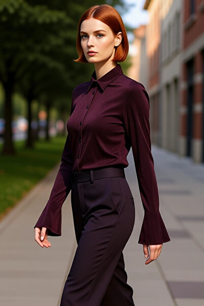 PayBuy Women's Shiny Surface Soft Textured Shirt Collar Buttoned Long Spanish Sleeve Knitted Stylish Blouse Sports