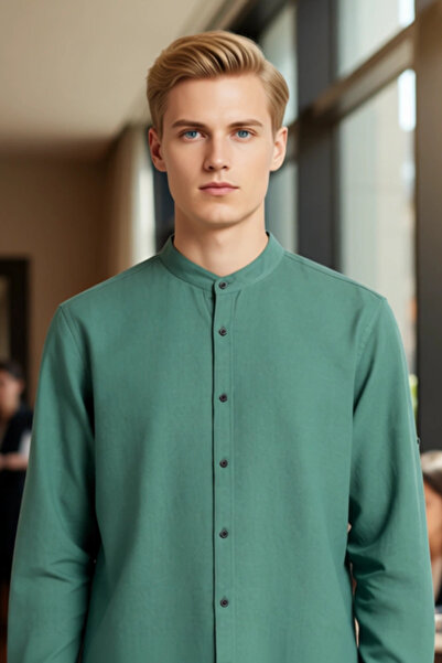 PayBuy Men's Slim Fit Judge Collar Plain Pattern Long Sleeve Cotton Linen Look Stylish Casual Shirt Sports