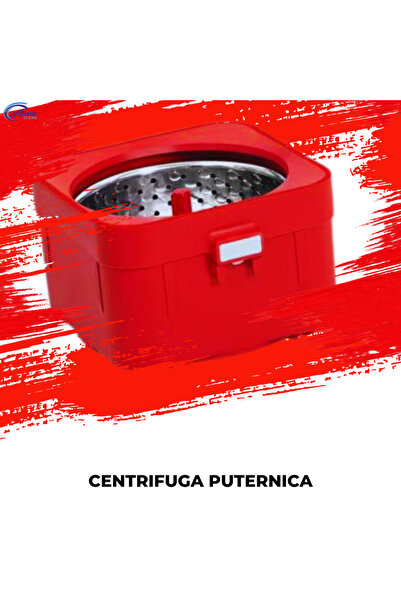 Atomic Clean Set mop rotativ profesional Q9 cu găleată cu centrifugare încorporată – oțel inoxidabil și microfibră, mâner reglabil – Alb/Roșu