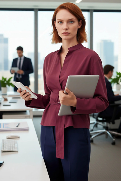 PayBuy Women's Chic Belted Detail High Neck Long Sleeve Solid Color Shirt Blouse Stylish