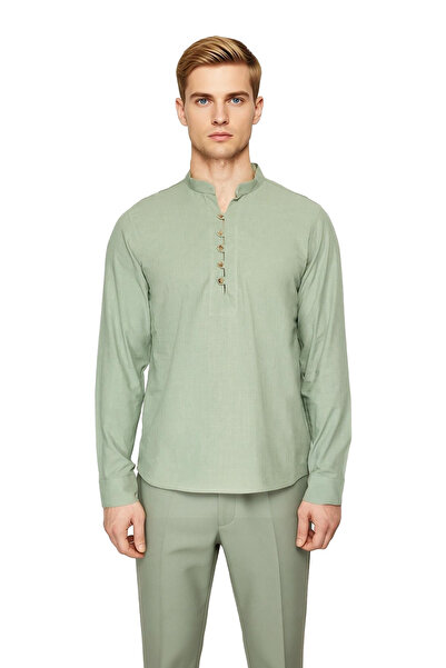 PayBuy Men's Slim Fit Hakim Collar Half Placket Long Sleeve Cotton Woven Linen Look Shirt Stylish