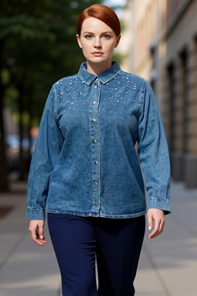 PayBuy Women's Plus Size Stone Embroidered Denim Shirt Combines Timeless and Comfort Functional Stylish