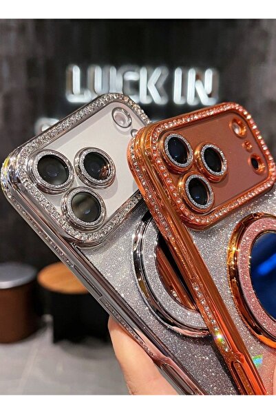 Generic Magnetic Glitter Case for iPhone 17 Pro Max，Makeup Mirror Holder，Diamond Edge，Gradient Luxury Cover