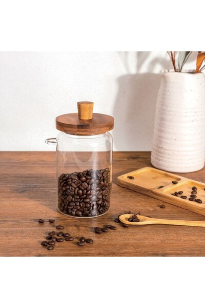 OEM Borosilicate heat-resistant glass jar with spoon and bamboo lid, 750 ml, transparent/