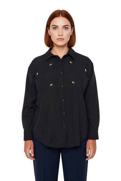 PayBuy Women's Plus Size Poplin Woven Shirt Offers a Stylish Button-Up Design with Stone Details Sport